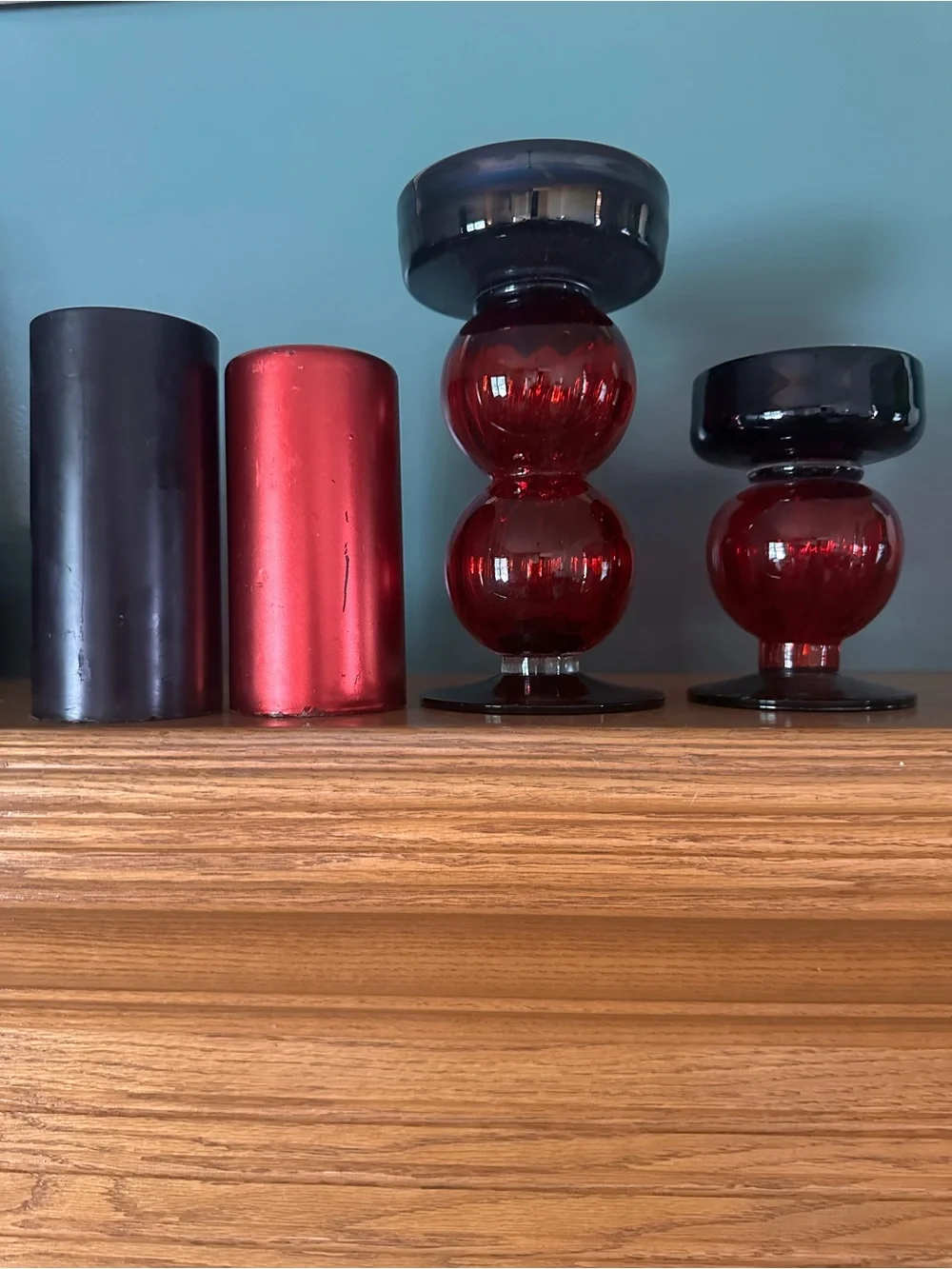 Red Glass Double-Bubble Candle Holders (Set of 2)